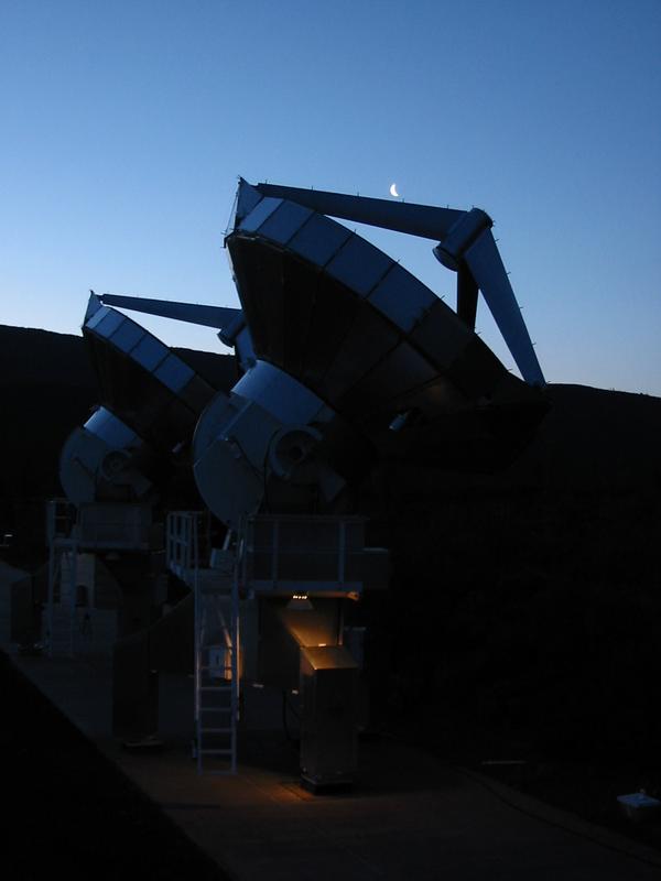 Two BIMA telescopes and a waning crescent moon